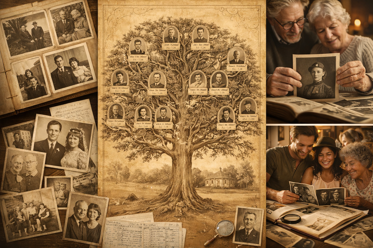 Family tree illustration surrounded by vintage photographs and family memories