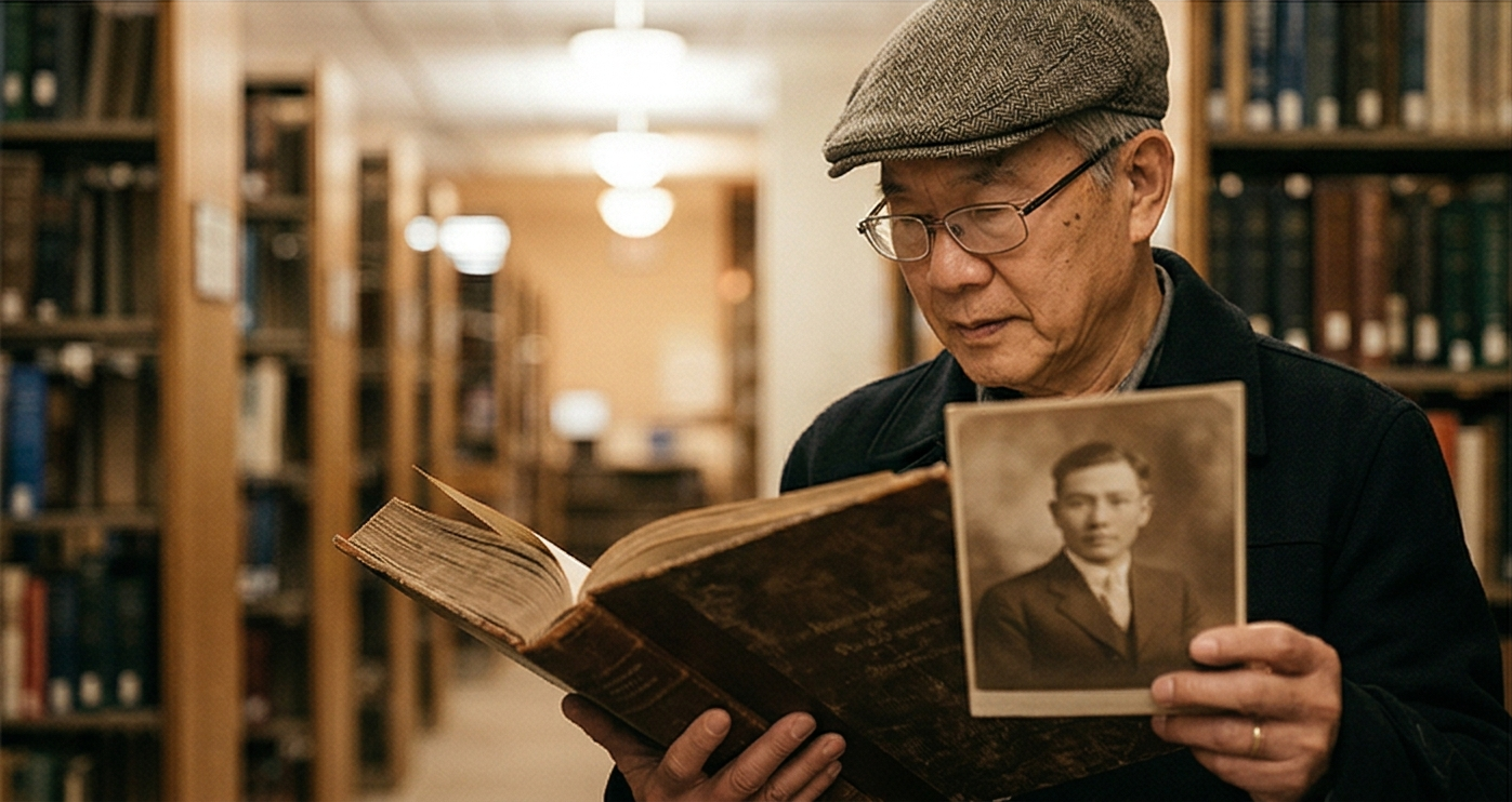 Genealogy researcher in an archive library, holding a vintage family photograph