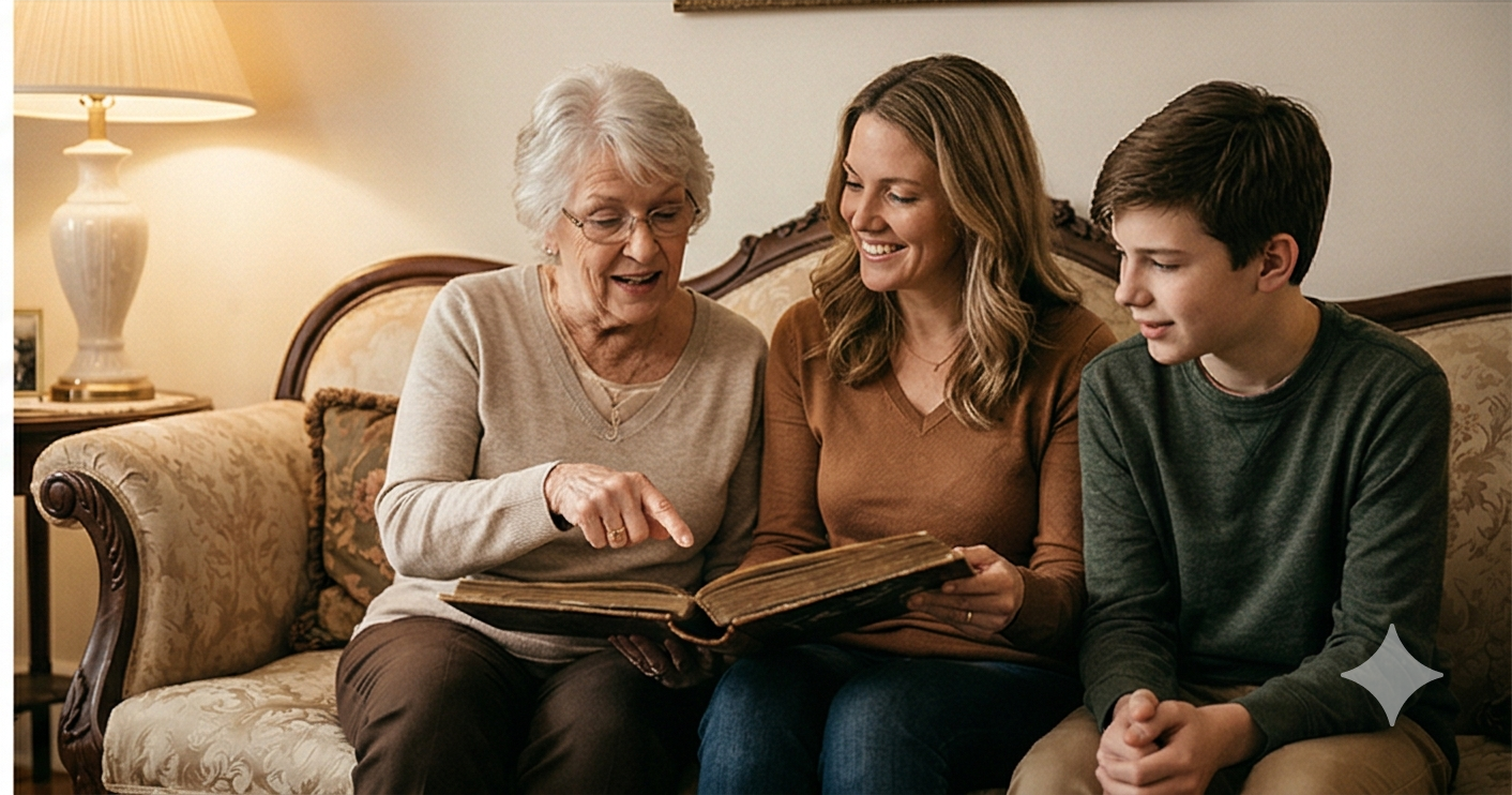 Three generations of family sharing old photo albums and memories together